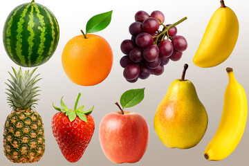 Colorful Assorted Fruits Collection on Gradient Background – Watermelon, Banana, Pineapple, Grapes, Apple, Pear, Orange, Strawberry