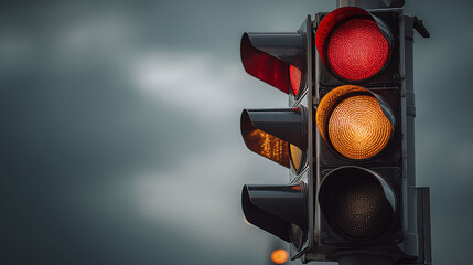 Close-up photo of a red traffic light against a cloudy sky, with visible texture and reflections, deep color tones, and soft lighting