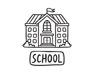 Fototapeta premium School building with title, planner sticker, line art school doodle, outline contour, monochrome, hand drawn
