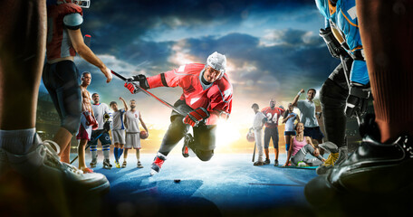 The multi sports collage including boxing, ice hockey, basketball, cycling, soccer, american football, fitnes, gym, baseball, volleyball with ice hockey player in the main role on the grand arena © 103tnn
