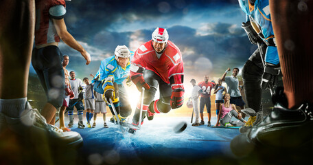 The multi sports collage including boxing, ice hockey, basketball, cycling, soccer, american football, fitnes, gym, baseball, volleyball with ice hockey player in the main role on the grand arena