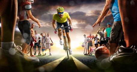 The multi sports collage including boxing, ice hockey, basketball, cycling, soccer, american football, fitnes, gym, baseball, volleyball with cyclist in the main role on the grand arena