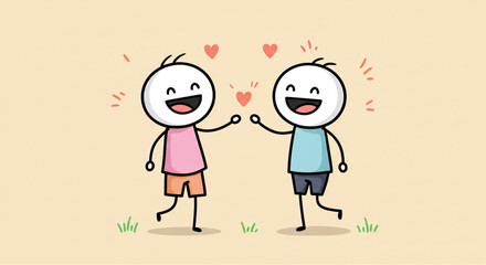 Charming vector illustration depicting two happy stick figures sharing a heartwarming moment, symbolizing friendship, love, and joyous connection in a simple, uplifting hand-drawn style