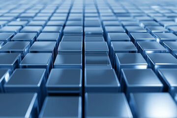 Naklejka premium Front view of blue metallic surface with cubes on gradient background, featuring a blue color scheme and grid pattern