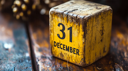 Wooden block sits on a rustic surface displaying "31 DECEMBER" in bold text. Concept of end of year or New Year's Eve. For calendar or holiday theme.