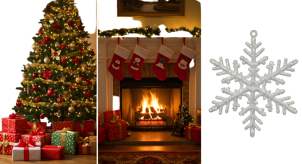 Christmas tree with presents and ornaments, cozy fireplace with stockings, and a detailed snowflake decoration, perfect for holiday marketing and festive designs