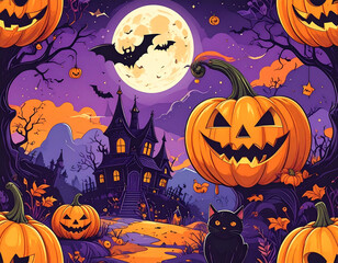 Fototapeta premium Haunted Night with Pumpkins and Bats Environment Wallpaper with Castle Gift Wrapper