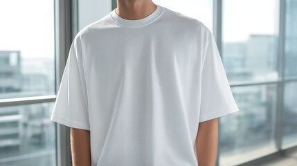 Young man in oversized white t-shirt, Berlin style, studio lighting, blurred Berlin backdrop, front view
