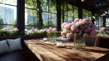 Elegant Restaurant Interior with Pink Flowers on Rustic Wood Table Under Sunlight
