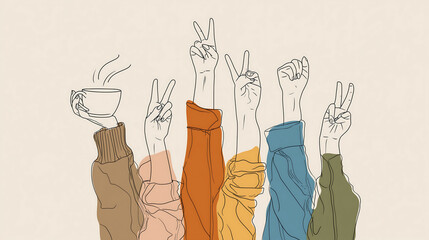 Simple line drawing of four arms raised in the air, each with a different gesture and sleeve color
