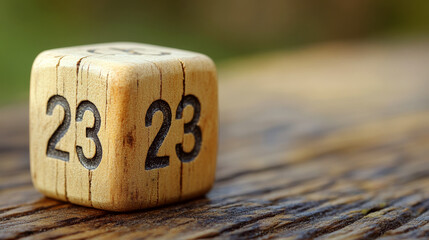 A wooden cube with "23" on two sides sits on a textured surface. Concept of numbers and simplicity. For backgrounds or educational materials.