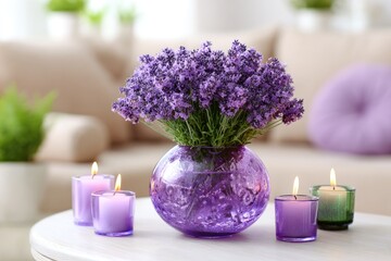 Lavender bouquet in a purple vase with candles on a white table.