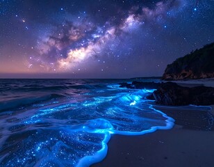 Night beach, glowing water, milky way