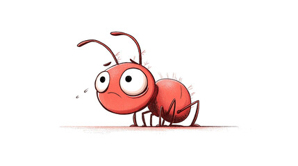 A sad red ant with a big empty belly, in a whimsical children's book style