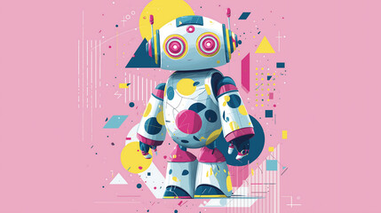 Futuristic humanoid robot in pastel colors with geometric shapes and clean layout
