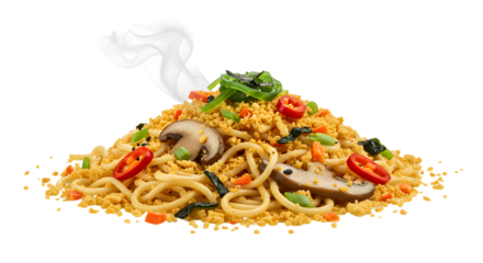 Delicious steaming plate of Asian fried rice noodles with mushrooms and chili peppers, perfect for food menus and cooking blogs