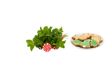 Fresh green mint leaves with red and white peppermint candy and festive Christmas tree gingerbread cookies on white background, perfect for holiday recipes