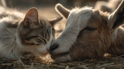 Fototapeta premium Cat and goat resting in hay