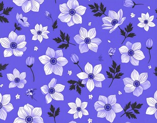 Floral pattern of white anemones on a periwinkle background
