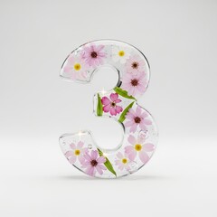 Number three made of resin with pink flowers inside  