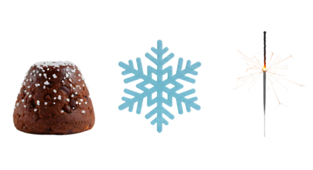 Holiday panettone cake with powdered sugar, blue snowflake decoration, and glowing sparkler on white background, perfect for winter celebrations