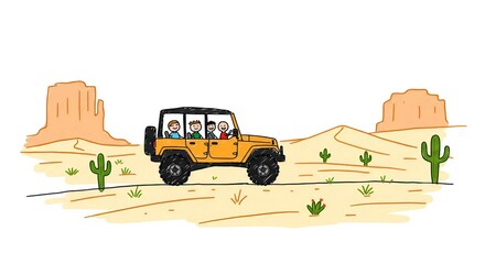 Family driving in yellow car through desert landscape with cacti  