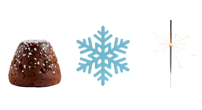 Holiday panettone cake with powdered sugar, blue snowflake decoration, and glowing sparkler on white background, perfect for winter celebrations