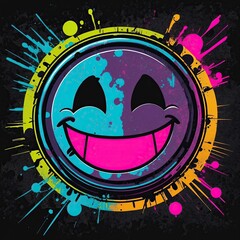 Neon smiley face illustration with colorful splashes on black background  