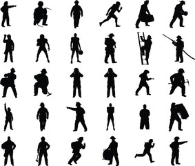 Set of 30 firefighter silhouettes various poses safety emergency rescue worker Vector i