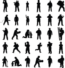 Set of firefighter silhouettes various actions and poses Black and white vector illustr