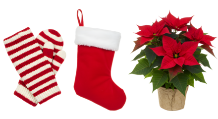 Red and white striped winter mittens, classic Christmas stocking, and vibrant red poinsettia plant on white background, perfect for holiday decor