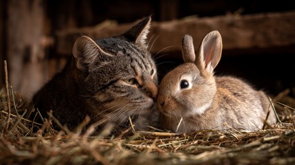 Cat and rabbit in hay