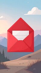 Red envelope icon over a landscape