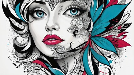 Elegant tattoo design of a woman with vibrant colors and floral elements  