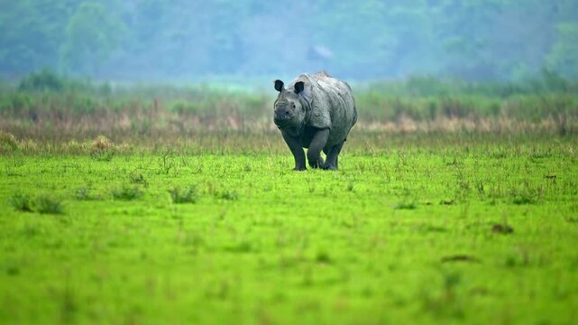 4K horizontal footage of a greater one-horned rhino isolated from the background, walking in a short grass meadow at Burapahar range of Kaziranga National Park, Assam, India