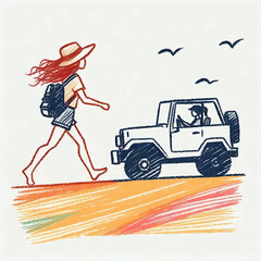 Young woman walking on beach road while passing by vintage auto