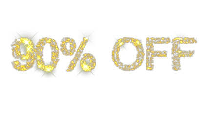 Sparkling text animation displaying 90% off promotion in shimmering gold effect for seasonal discount sale on transparent background