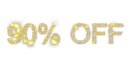 Sparkling text animation displaying 90% off promotion in shimmering gold effect for seasonal discount sale on transparent background