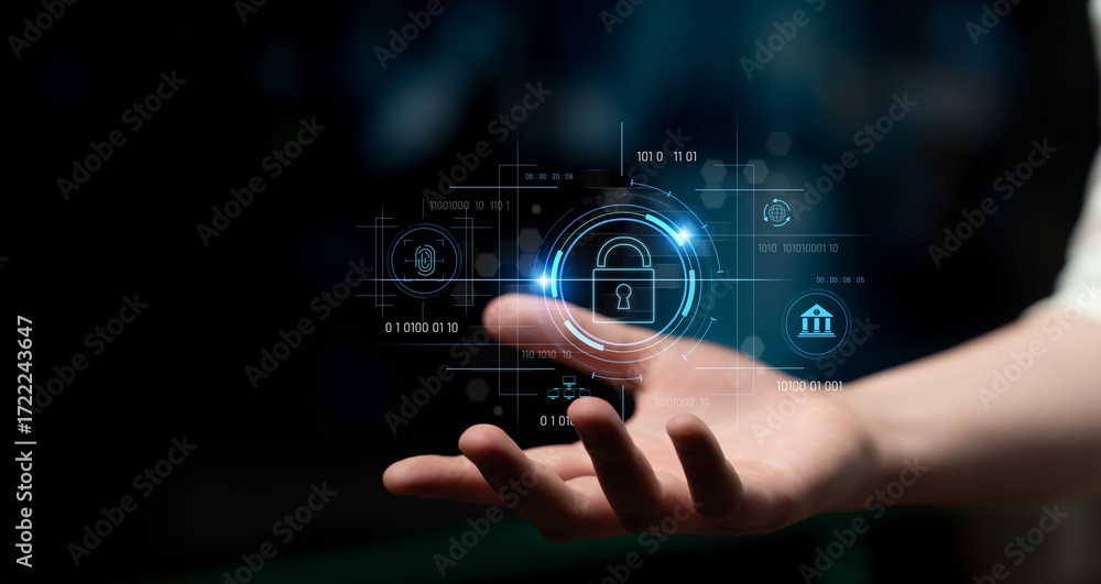 Poster cybersecurity system interface with biometric lock and data protection. cybersecurity protects acces