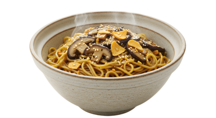 Steaming bowl of Asian noodles with mushrooms and garlic in broth, traditional comfort food, perfect for cozy meals