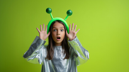 Young girl dressed in shiny silver costume with green alien headband making surprised face with raised hands on vibrant green background. Halloween costume. 