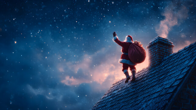 Santa Claus Carrying a Red Bag with Gifts to Children, Carefully Walking on a Roof of a House on a Night of Christmas Eve. Santa Waving To Camera and Magically Disappearing into the Chimney