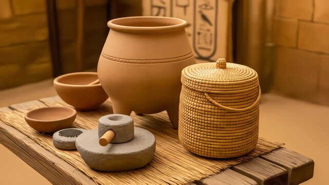 A still life arrangement of ancient Egyptian household items, showcasing pottery, a stone hand mill, and a woven basket