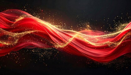 Red fabric flowing over a black background with golden particles