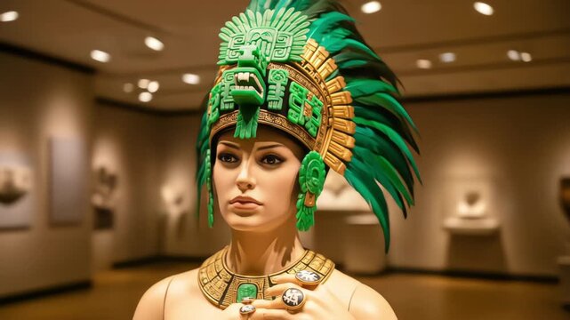 A museum display of a mannequin wearing an elaborate pre-Columbian headdress with jade, gold, and green feathers
