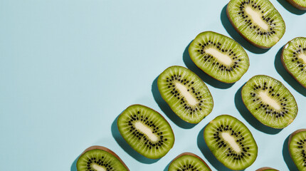 Kiwi green slices arranged in a precise diagonal grid on cyan. Graphic seeds, sharp shadows, modern flatlay.