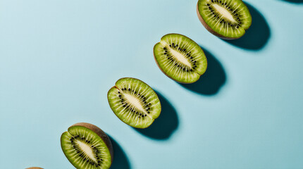 Kiwi green slices arranged in a precise diagonal grid on cyan. Graphic seeds, sharp shadows, modern flatlay.