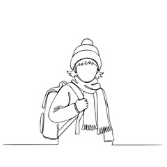 Young person wearing a hat and scarf carrying backpack outdoors  