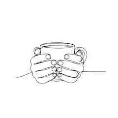 Two hands holding a coffee cup in minimalist line art style  