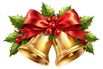 Golden Christmas Bells with Red Bow and Holly on transparent background